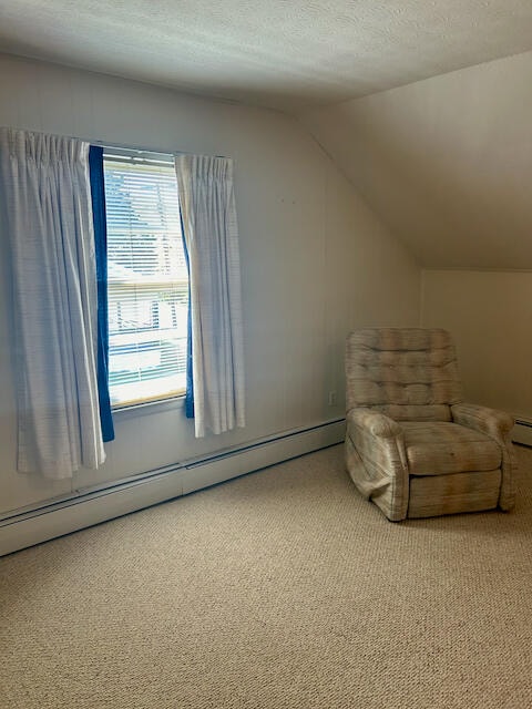 unfurnished room with lofted ceiling, a baseboard heating unit, a textured ceiling, and carpet flooring