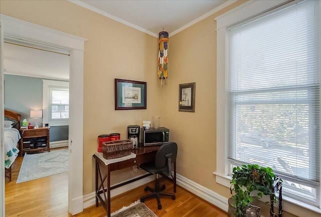 office with light hardwood / wood-style floors and ornamental molding