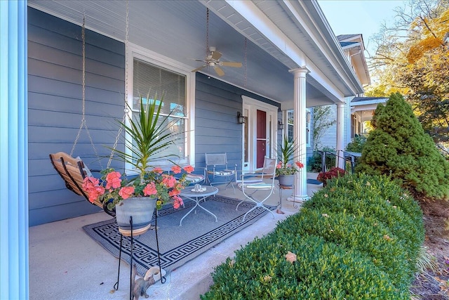 view of patio / terrace with a porch and ceiling fan