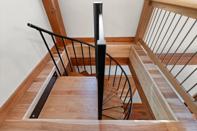 stairway featuring wood finished floors