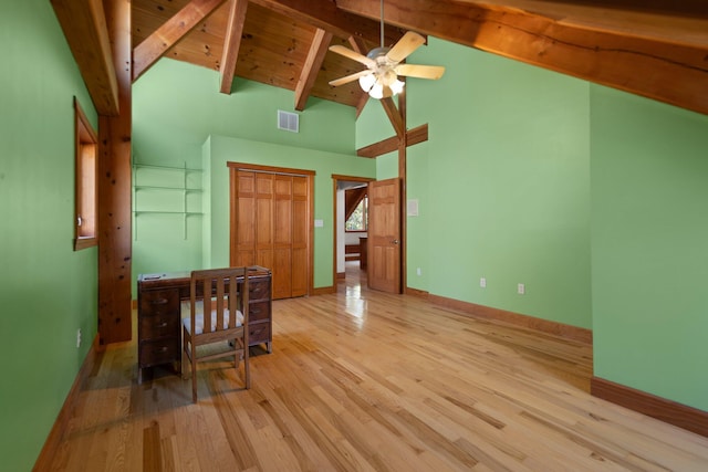 bedroom featuring visible vents, high vaulted ceiling, light wood-type flooring, beamed ceiling, and baseboards