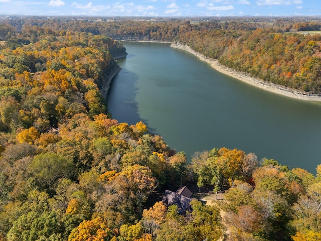 bird's eye view featuring a water view and a view of trees