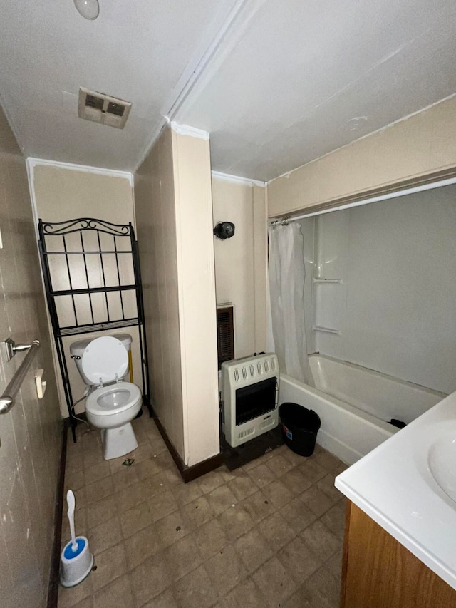 full bathroom with toilet, shower / bath combo with shower curtain, heating unit, vanity, and ornamental molding