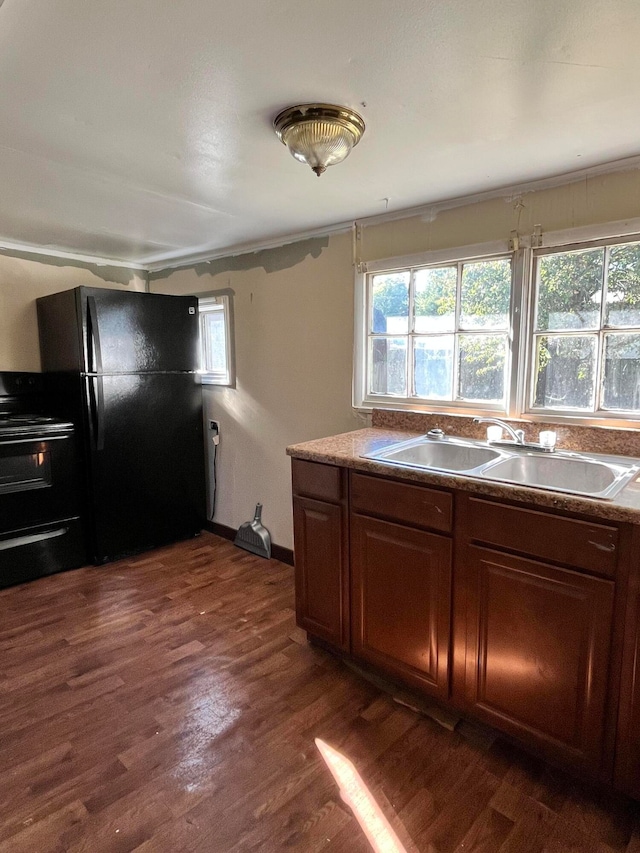 kitchen with sink, dark hardwood / wood-style floors, and black appliances