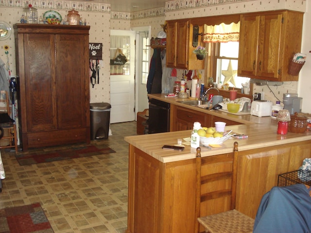 kitchen featuring kitchen peninsula, black dishwasher, and sink