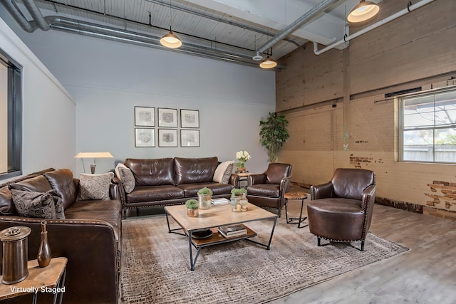 living room with a high ceiling and hardwood / wood-style floors