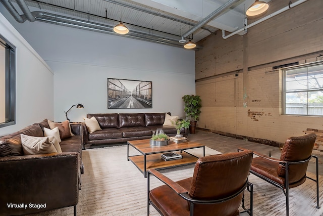 living room featuring wood-type flooring and a high ceiling