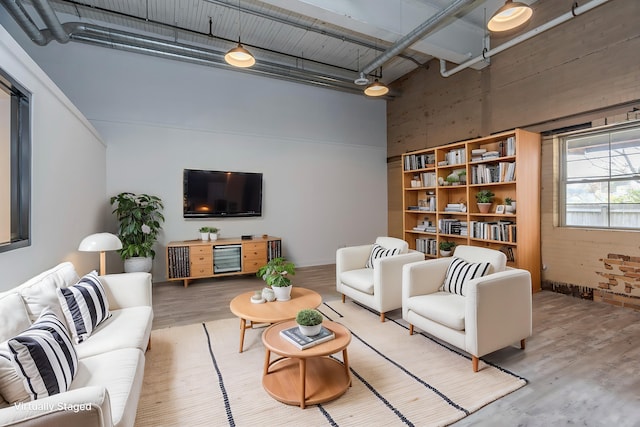 living room with a high ceiling and hardwood / wood-style flooring