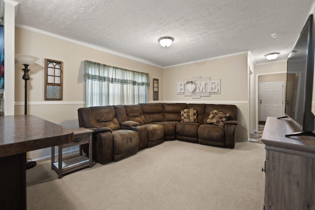 living room with a textured ceiling, carpet flooring, and ornamental molding