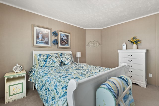 carpeted bedroom with a textured ceiling