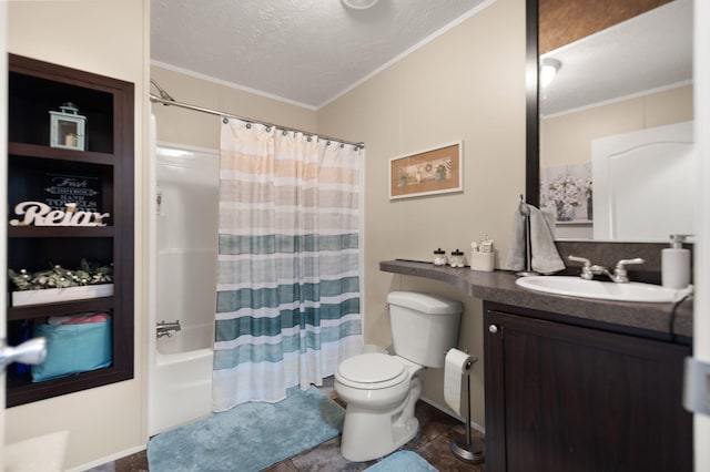 full bathroom with toilet, crown molding, vanity, a textured ceiling, and shower / bathtub combination with curtain