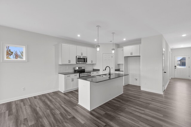 148 Nuthatch Trl, Georgetown, KY 40324 - kitchen featuring appliances with stainless steel finishes, dark countertops, a sink, dark wood-type flooring, and an island with sink
