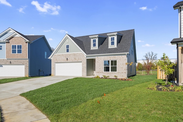 view of front of property featuring driveway, a garage, a shingled roof, a front lawn, and brick siding