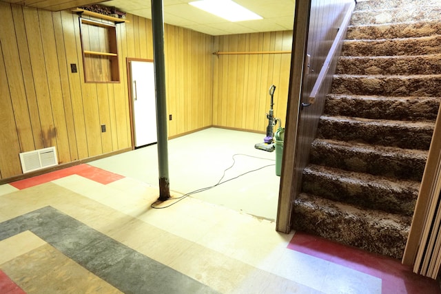 basement featuring wooden walls