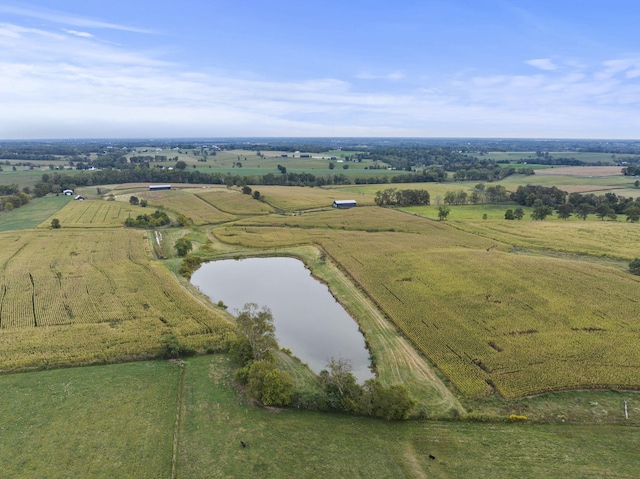 aerial view featuring a water view and a rural view