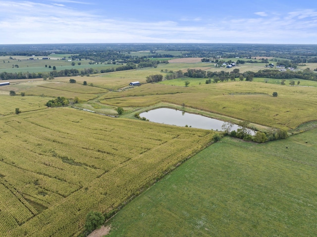 birds eye view of property featuring a water view and a rural view