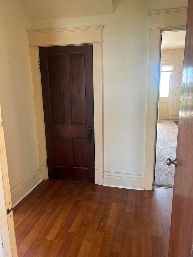 corridor featuring dark wood-type flooring