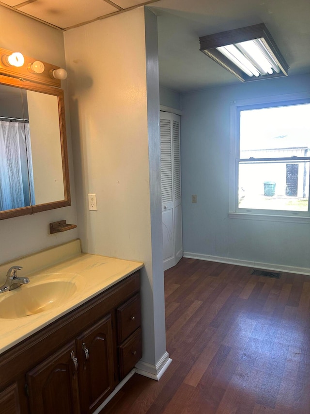 bathroom with vanity and hardwood / wood-style flooring