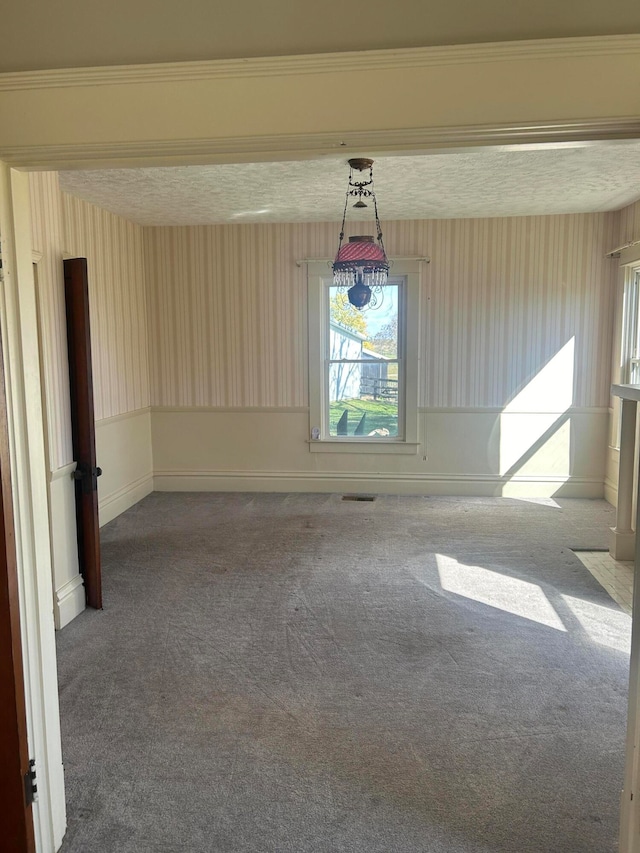 carpeted spare room featuring crown molding and a textured ceiling