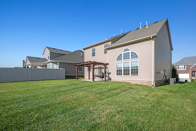 back of property featuring a patio area, cooling unit, a lawn, and a pergola