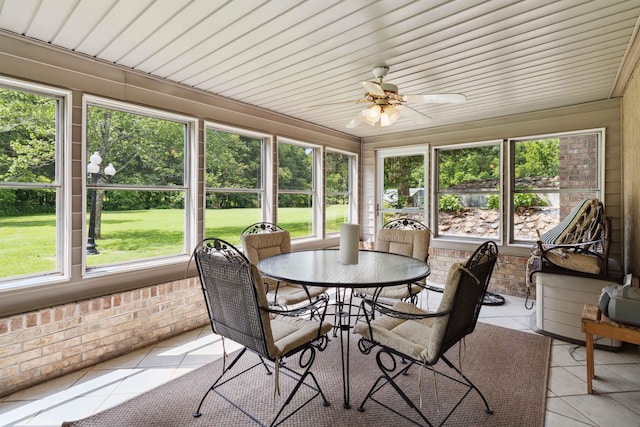 sunroom / solarium featuring wood ceiling, ceiling fan, and plenty of natural light