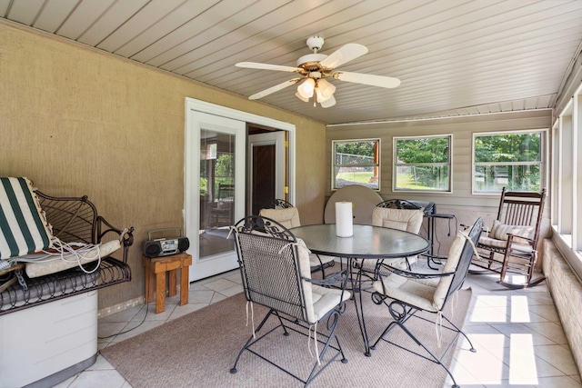 sunroom / solarium featuring wood ceiling and ceiling fan