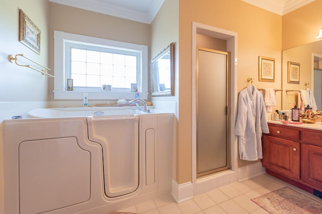 bathroom with vanity, ornamental molding, tile patterned flooring, and plus walk in shower