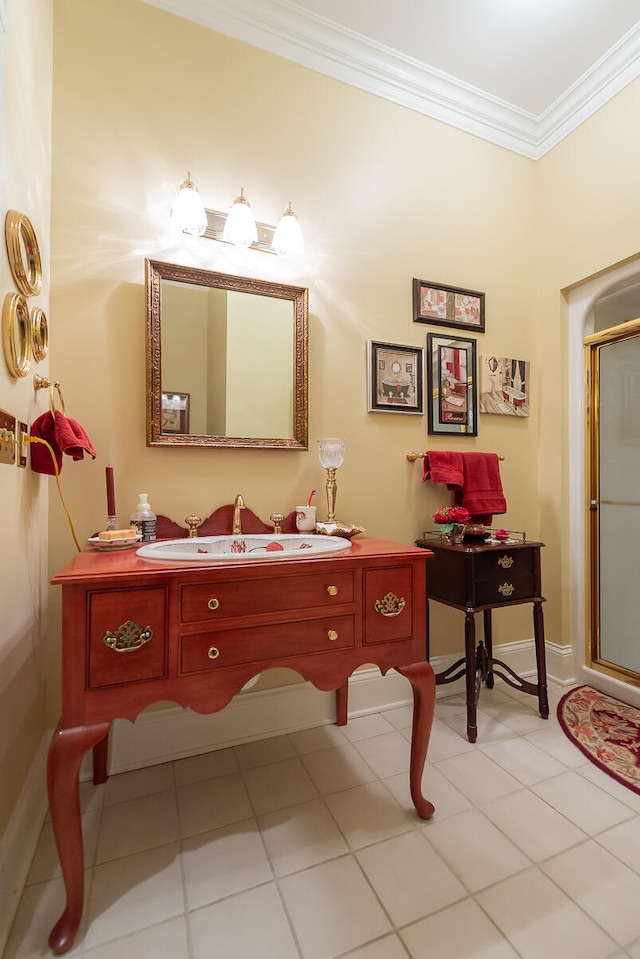 bathroom with an enclosed shower, tile patterned floors, and crown molding