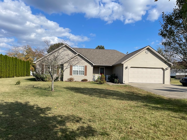 single story home featuring a front yard and a garage