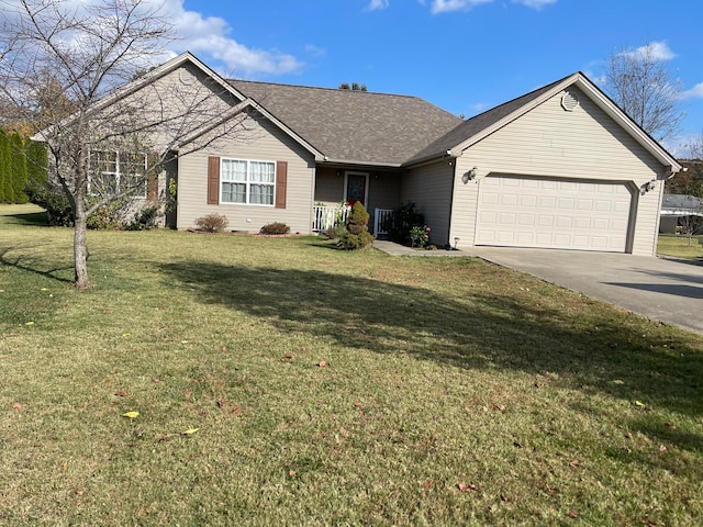 single story home with a front lawn and a garage