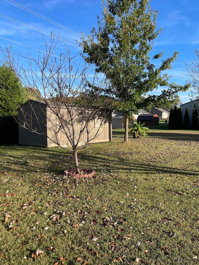 view of side of property with a yard and an outbuilding