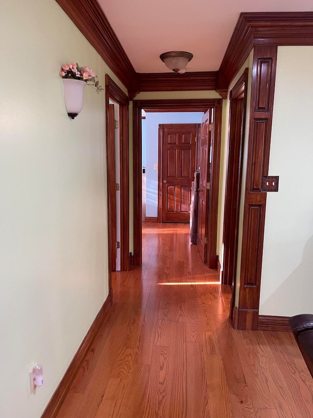 hallway with ornamental molding and hardwood / wood-style flooring