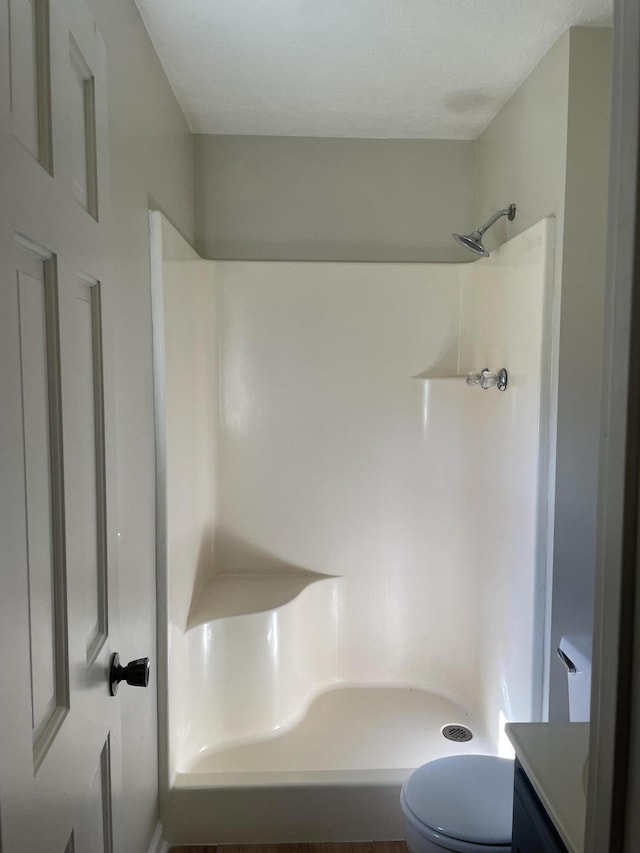 bathroom with vanity, toilet, and walk in shower