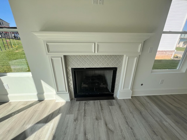 details featuring hardwood / wood-style floors and a fireplace