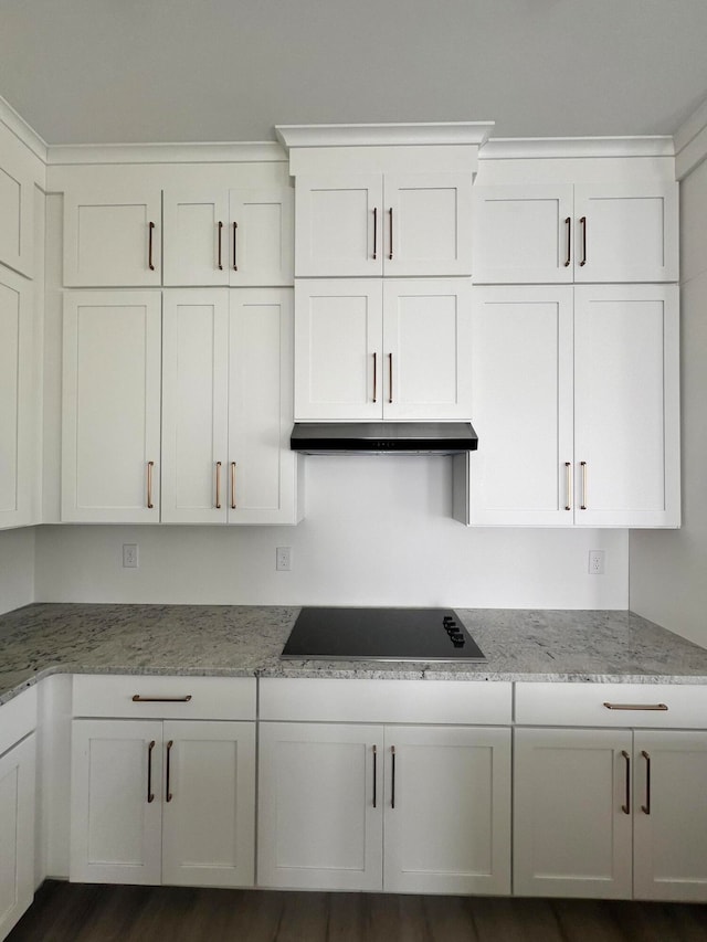 kitchen with black electric stovetop, white cabinets, and dark hardwood / wood-style flooring