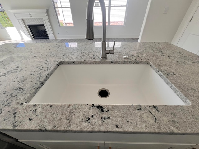 interior details with sink and a fireplace