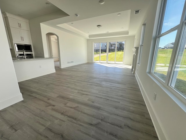 unfurnished living room with dark wood-type flooring and a raised ceiling