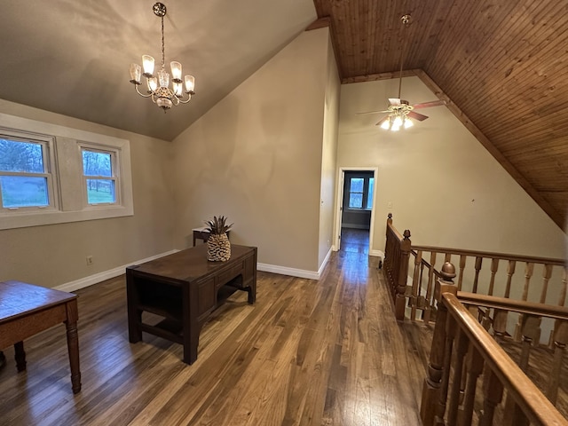 corridor featuring wooden ceiling, dark hardwood / wood-style floors, a chandelier, and lofted ceiling