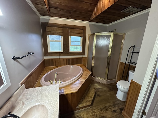 full bathroom with hardwood / wood-style floors, toilet, wooden ceiling, and plus walk in shower