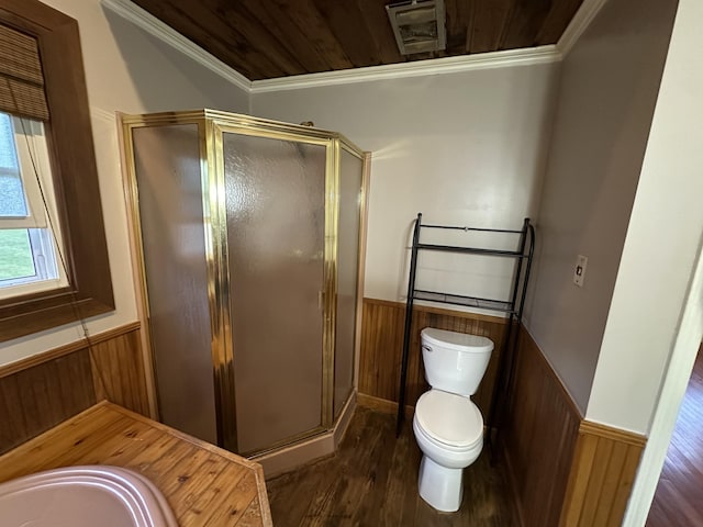 bathroom featuring hardwood / wood-style floors, walk in shower, ornamental molding, and wood walls