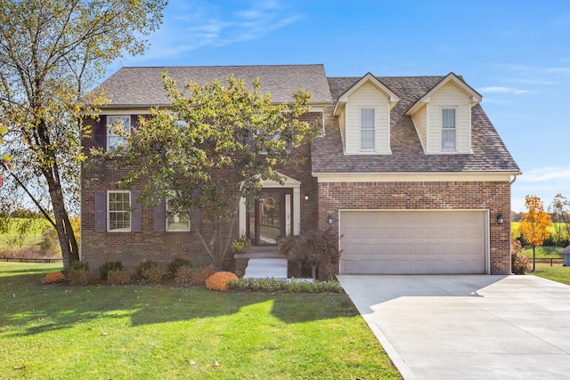 view of front of property with a front yard and a garage