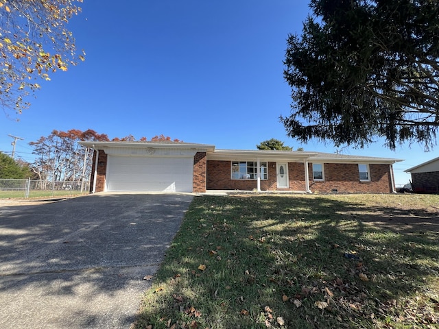 single story home featuring a front yard and a garage