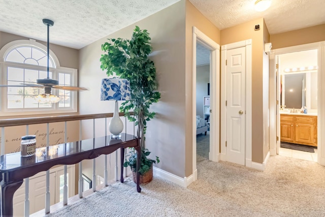 hallway featuring a textured ceiling, light colored carpet, and sink