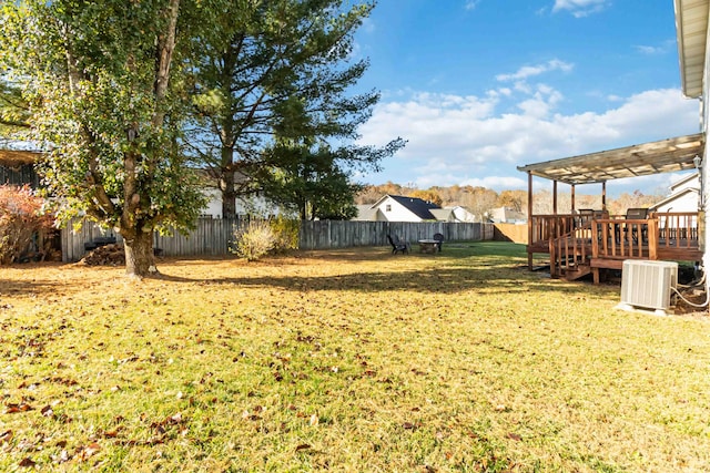 view of yard featuring a wooden deck and central AC unit