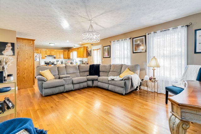 living room with light hardwood / wood-style flooring and a textured ceiling