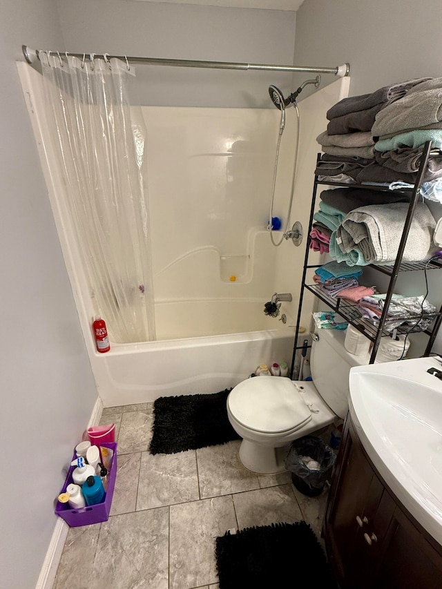 full bathroom with vanity, shower / tub combo with curtain, toilet, and tile patterned flooring