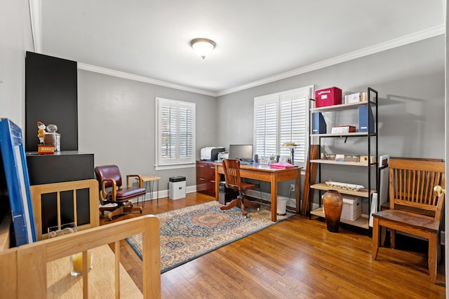 office area featuring ornamental molding and wood-type flooring