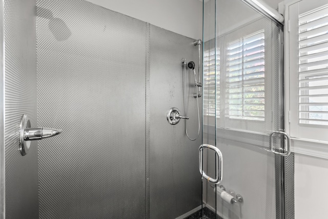 bathroom with a shower with shower door