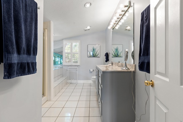 bathroom featuring toilet, tile patterned flooring, vaulted ceiling, vanity, and an enclosed shower