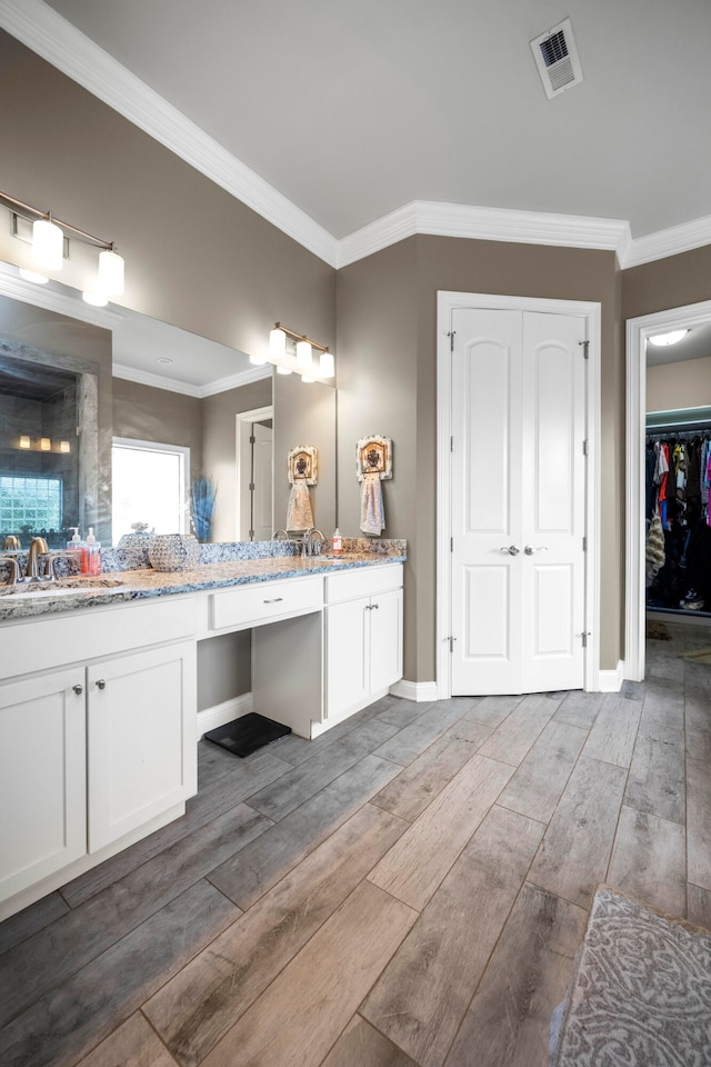 bathroom with vanity, ornamental molding, a fireplace, and wood-type flooring